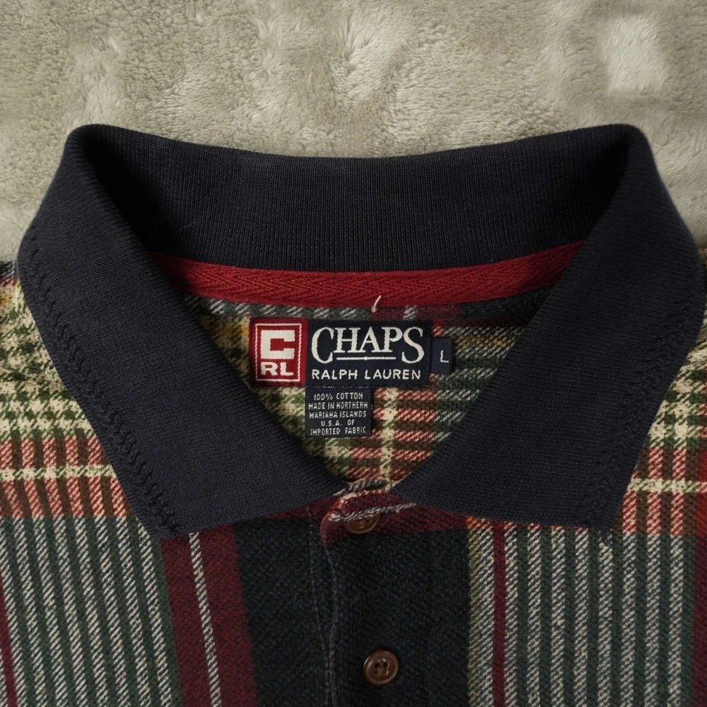 Chaps‎ Ralph Lauren Vintage Polo Shirt Men's Large Blue Beige Plaid 90s Preppy